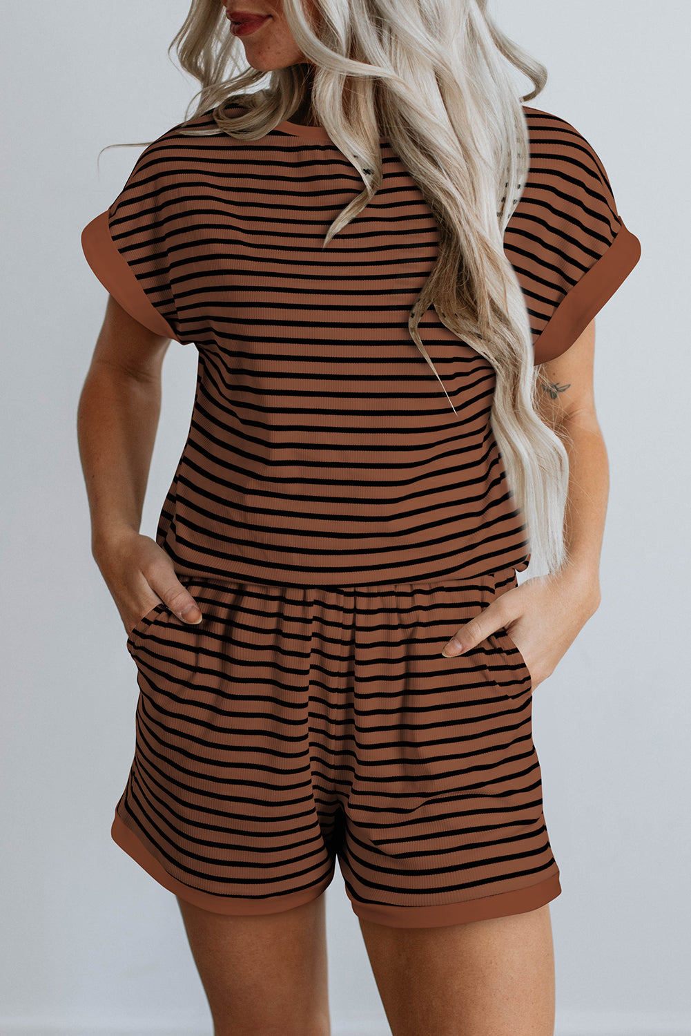 Brown Cotton Stripe Ribbed Dolman Tee Elastic Waist Casual Short Set