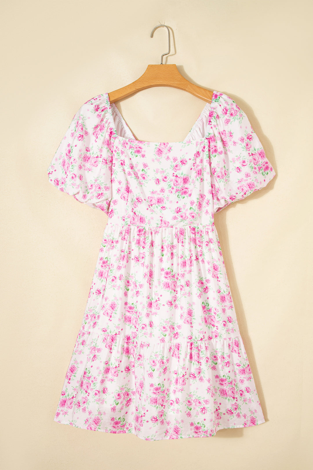 Pink Floral Print Square Neck Ribbon Knot Back Cute Mini Dress