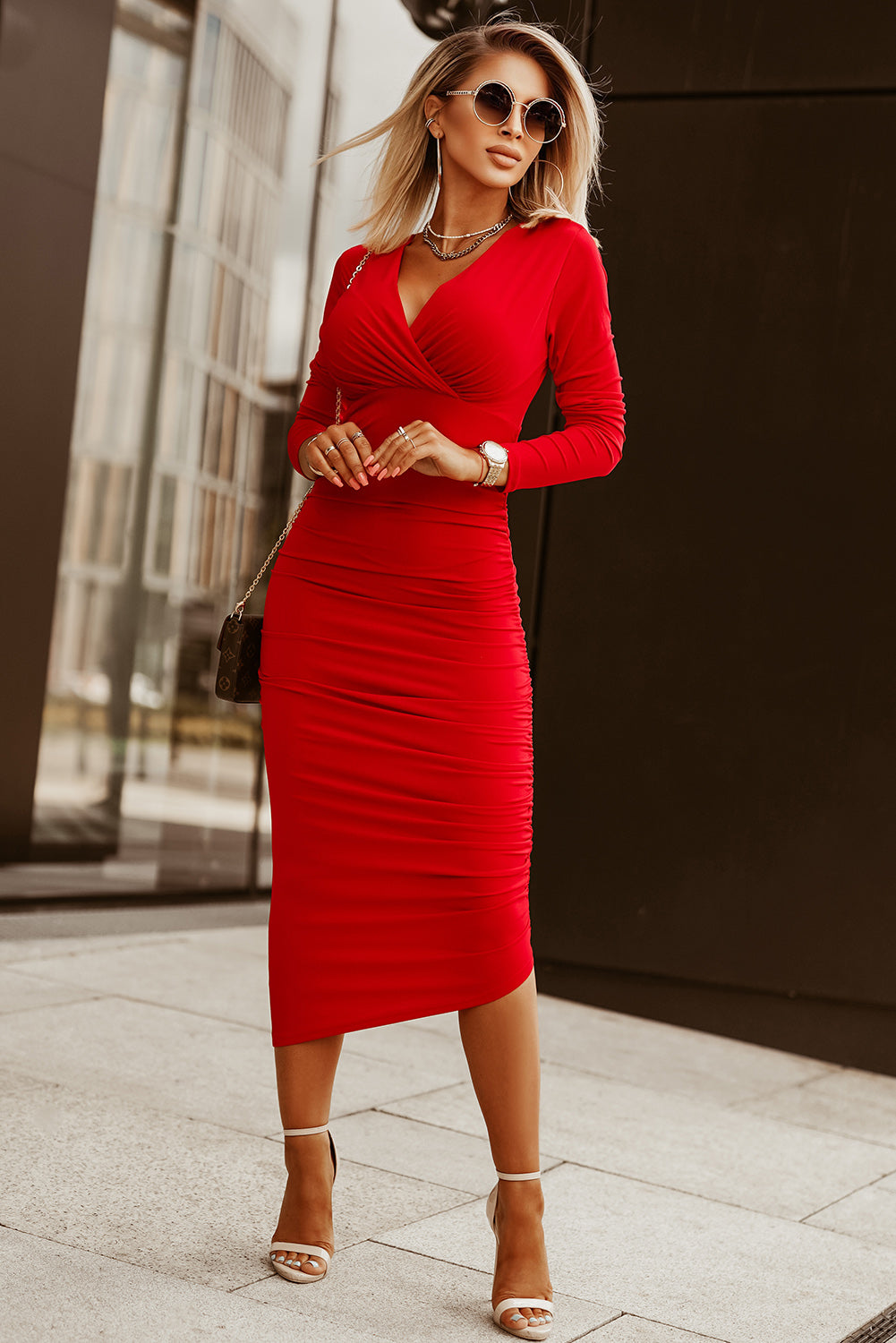 Fiery Red Long Sleeves Wrap V Neck Ruched Sheath Bodycon Dress | Women