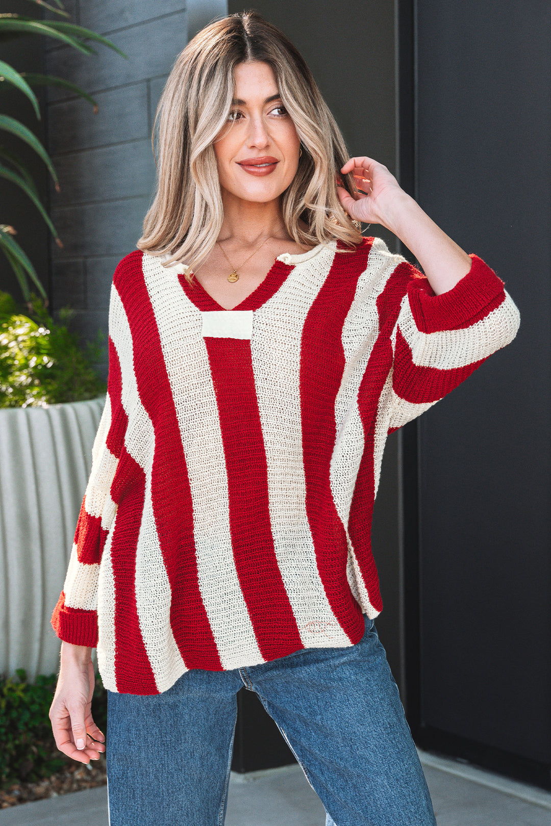Red Stripe Colorblock V Neck Bracelet Sleeve Sweater