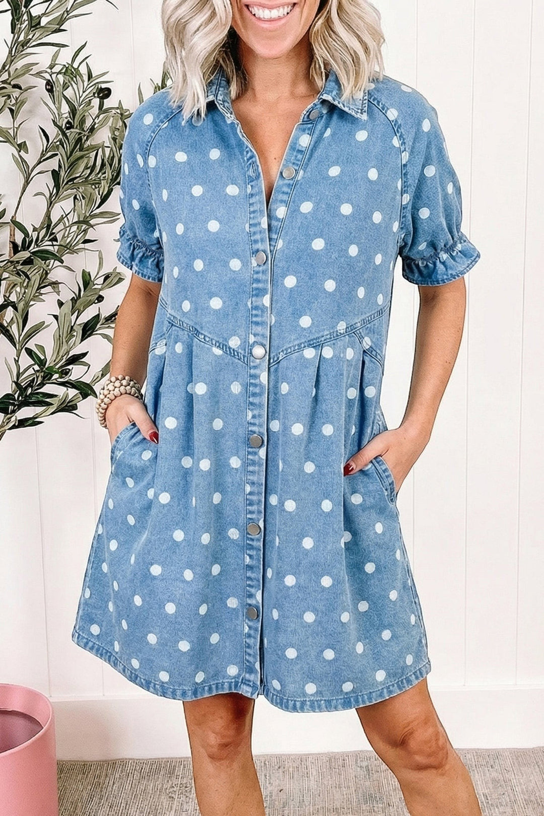 Sky Blue Polka Dot Print Ruffled Short Puff Sleeve Button Down Loose Denim Dress