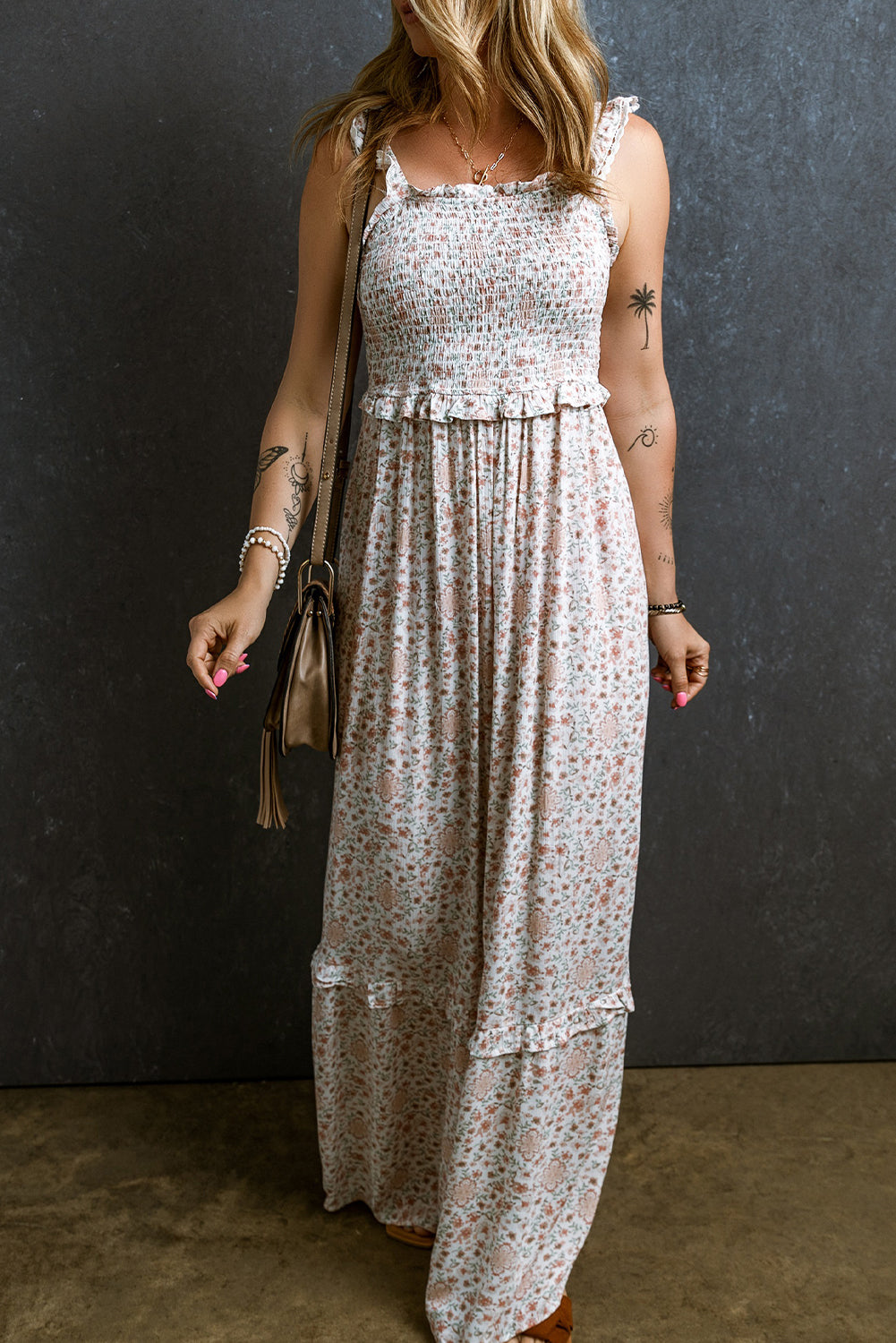 White Lace Frilly Straps Shirred Floral Maxi Dress | Women