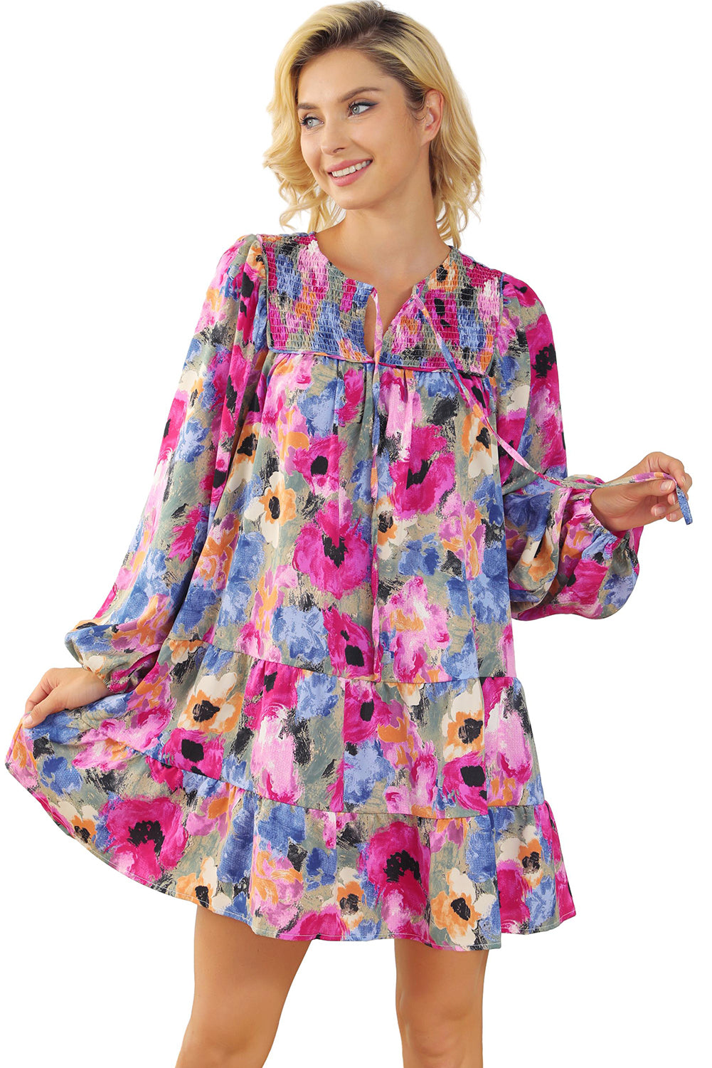 Multicolour Floral Tie Neck Bubble Sleeve Shift Dress