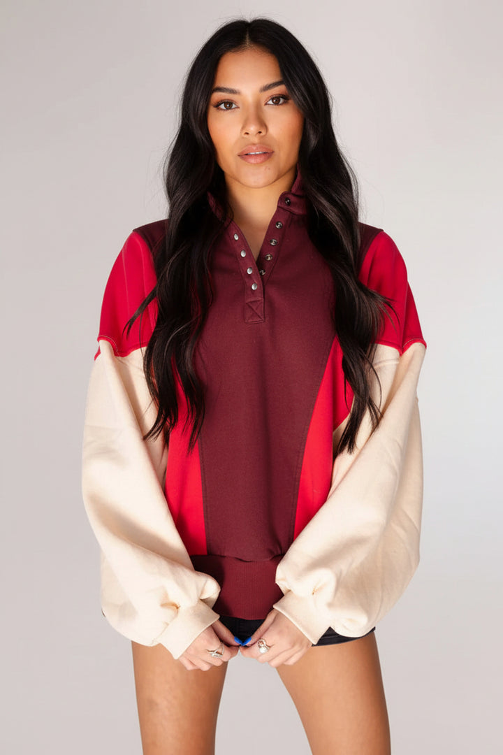 Fiery Red Color Block Patchwork Snap Button Polo Sweatshirt