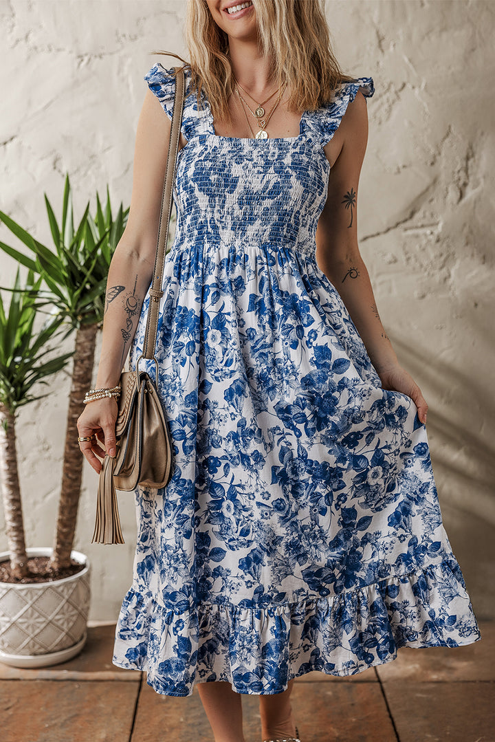 Blue Floral Ruffle Strap Square Neck Smocked Bodice Midi Dress