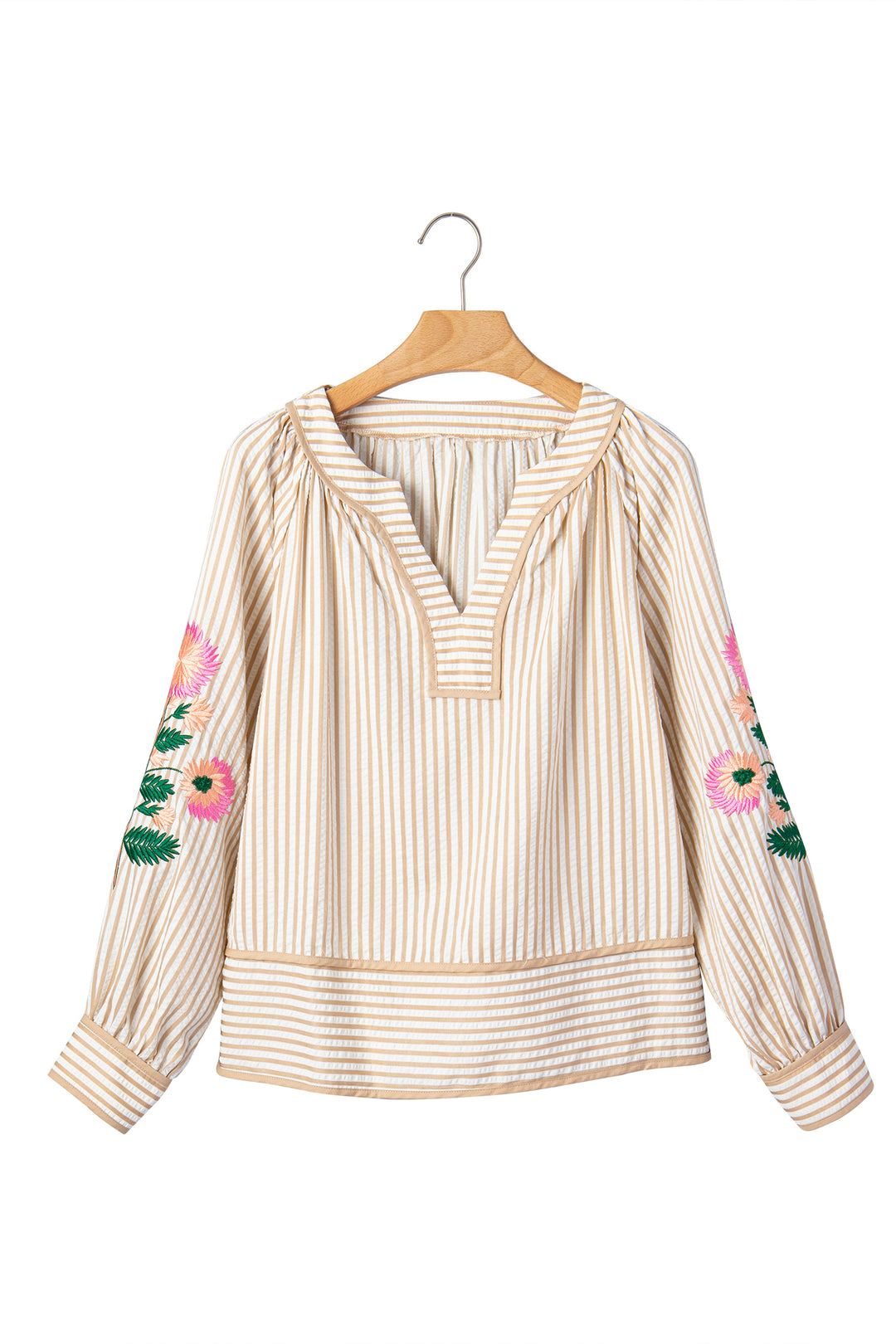 Khaki Stripe V Neck Floral Embroidered Long Sleeve Blouse
