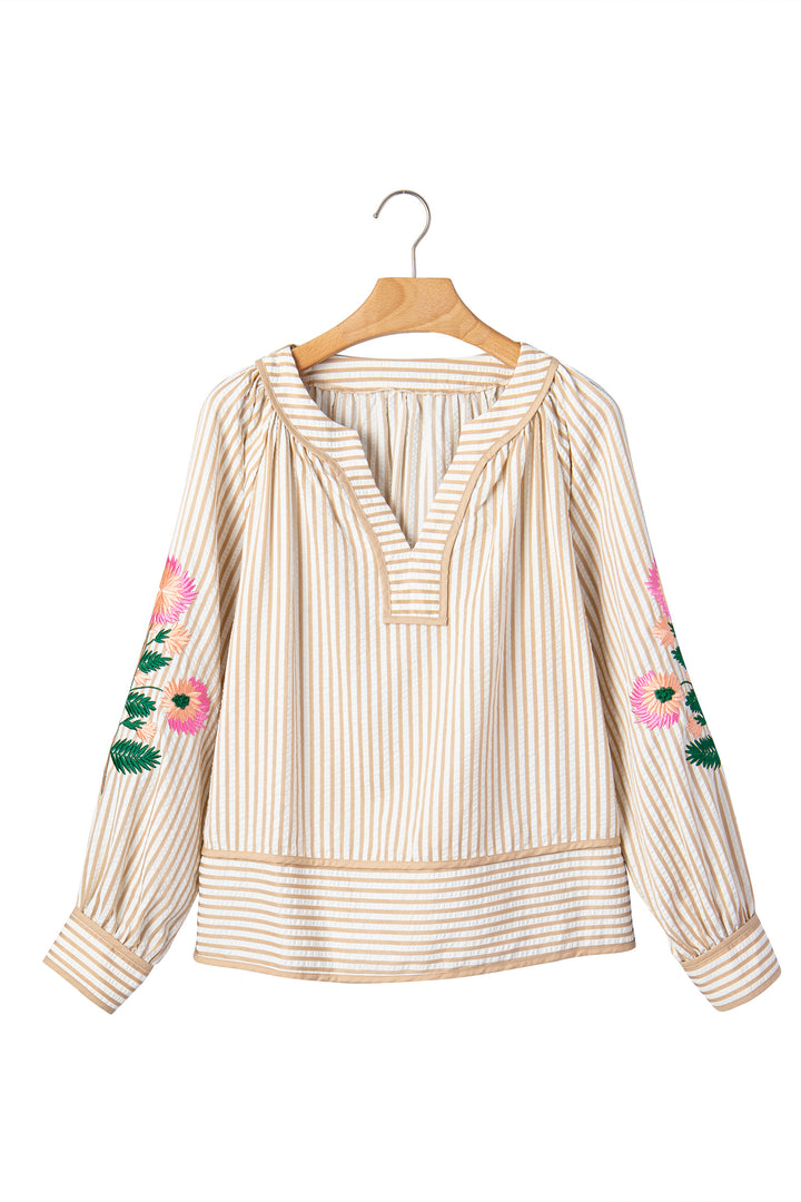 Khaki Stripe V Neck Floral Embroidered Long Sleeve Blouse