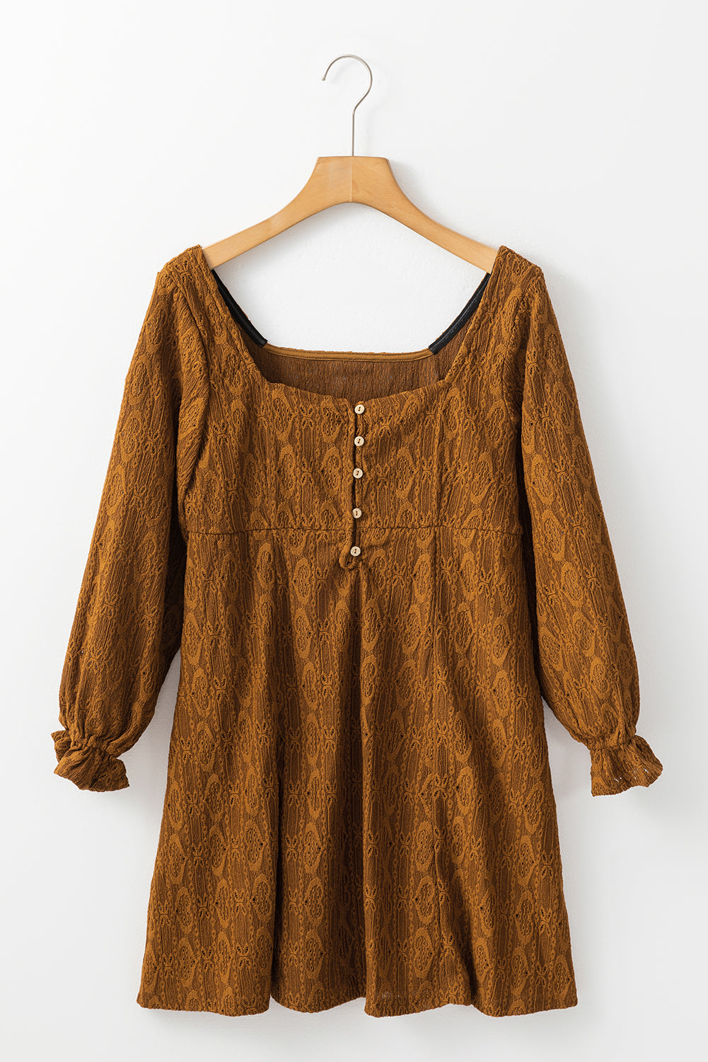 Chestnut Lace Crochet Buttoned Square Neck Shift Mini Dress