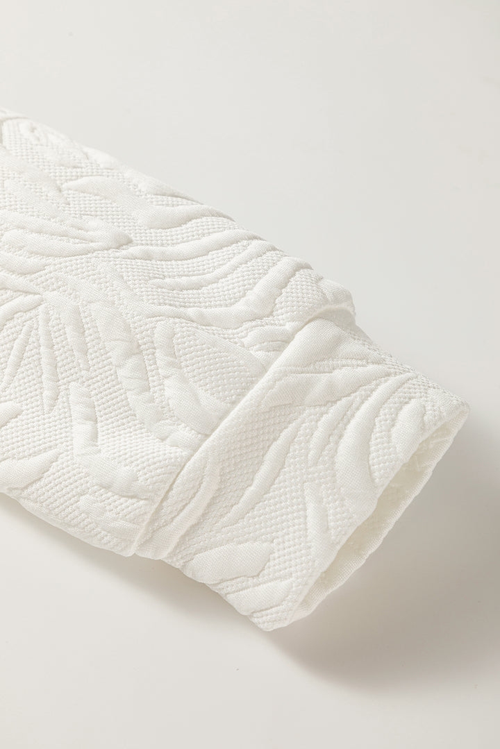 White Jacquard Textured Quarter Zipper Shift Mini Dress