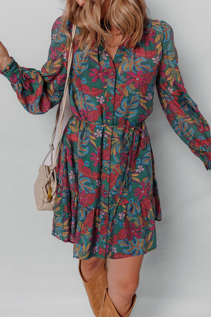 Green Floral Friled V Neck Puff Sleeve Ruffled Shirt Dress