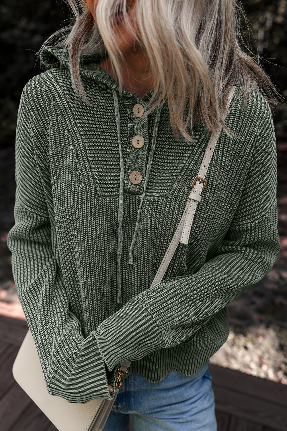 Mist Green Mineral Wash Ribbed Knit Drawstring Hooded Sweater