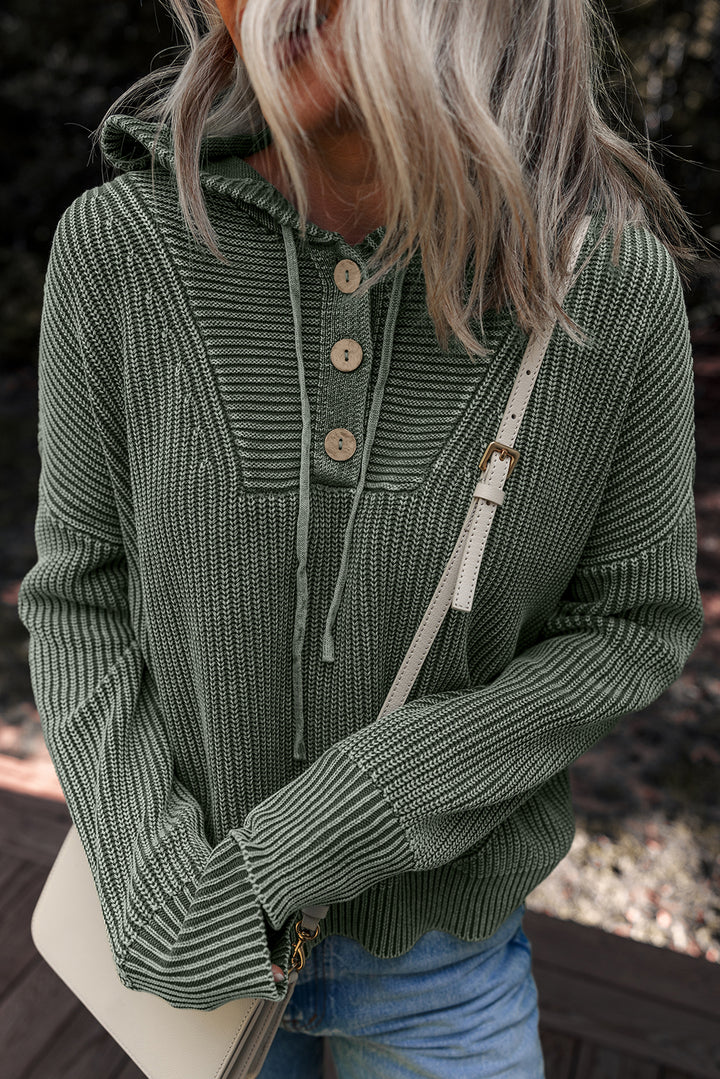 Mist Green Mineral Wash Ribbed Knit Drawstring Hooded Sweater