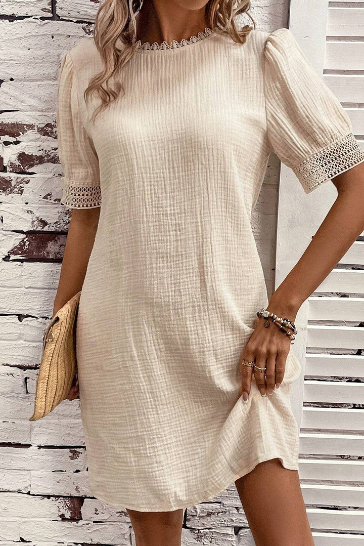 Beige Crinkle Lace Trim Puff Sleeve Shift Cotton Mini Dress