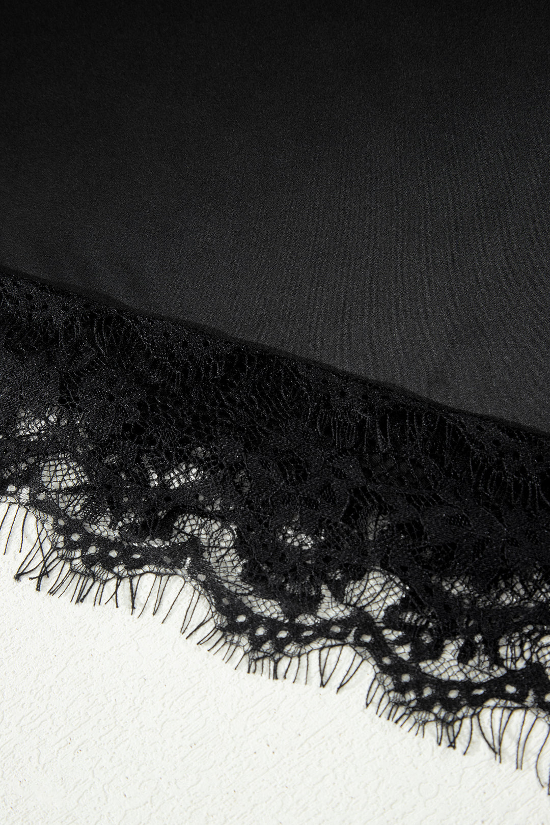Black Asymmetric Lace Trim Short Sleeve Satin Top