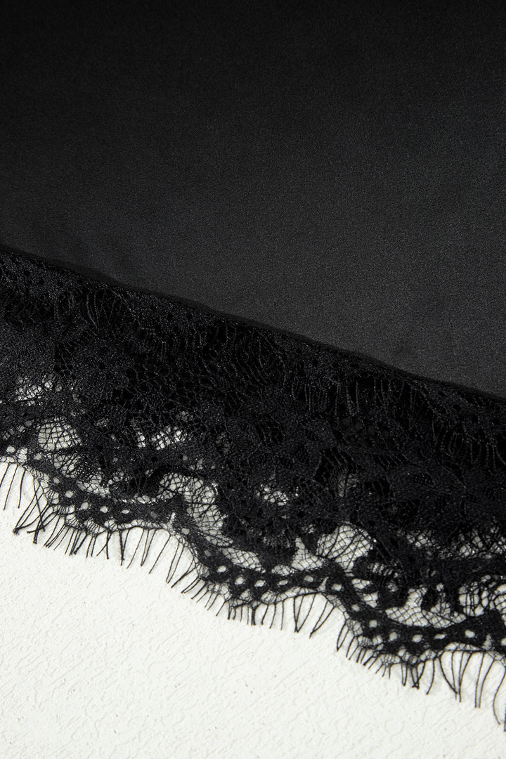 Black Asymmetric Lace Trim Short Sleeve Satin Top