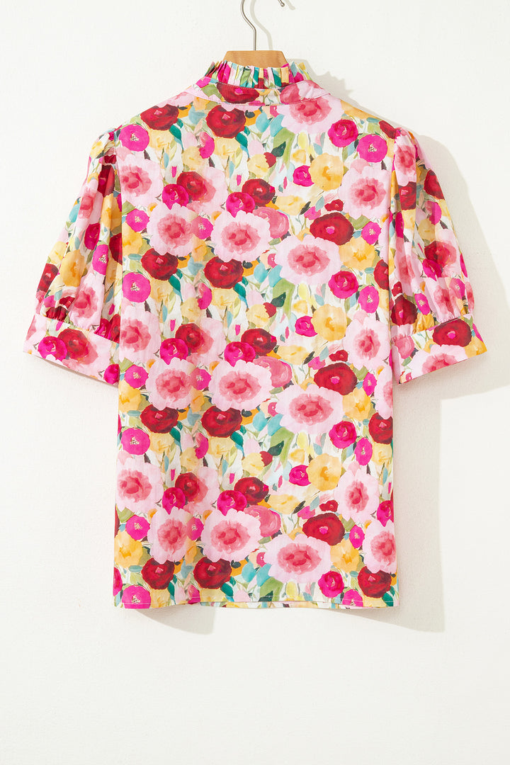 Pink Floral Frilled V Neck Puff Short Sleeve Cotton Blouse