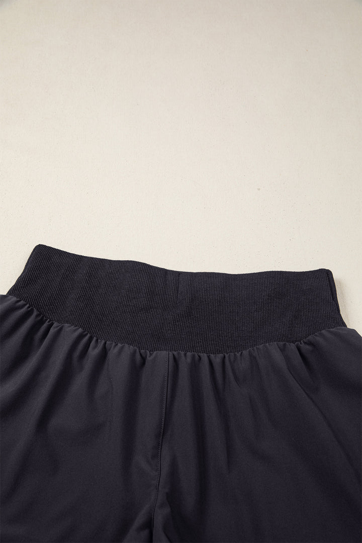 Black Solid Color Ribbed Patchwork High Waist Athletic Shorts