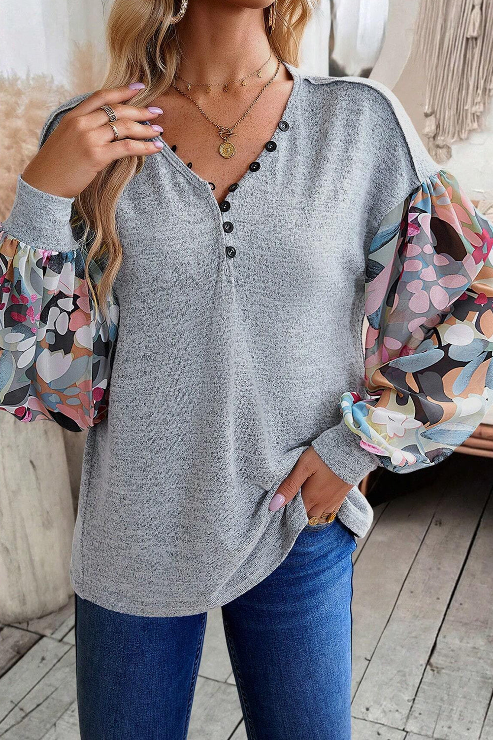 Gray Floral Lantern Sleeve Patchwork Buttoned V Neck Top | Women