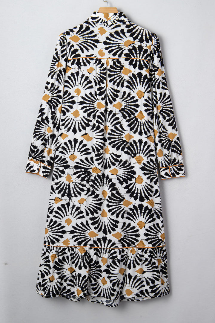 Black Abstract Floral Print Split V Neck Long Dress with Sleeves