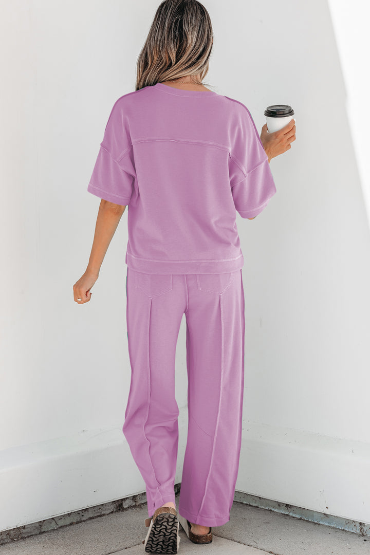 Rose Red Drop Shoulder Boxy Tee and Barrel Pants Set