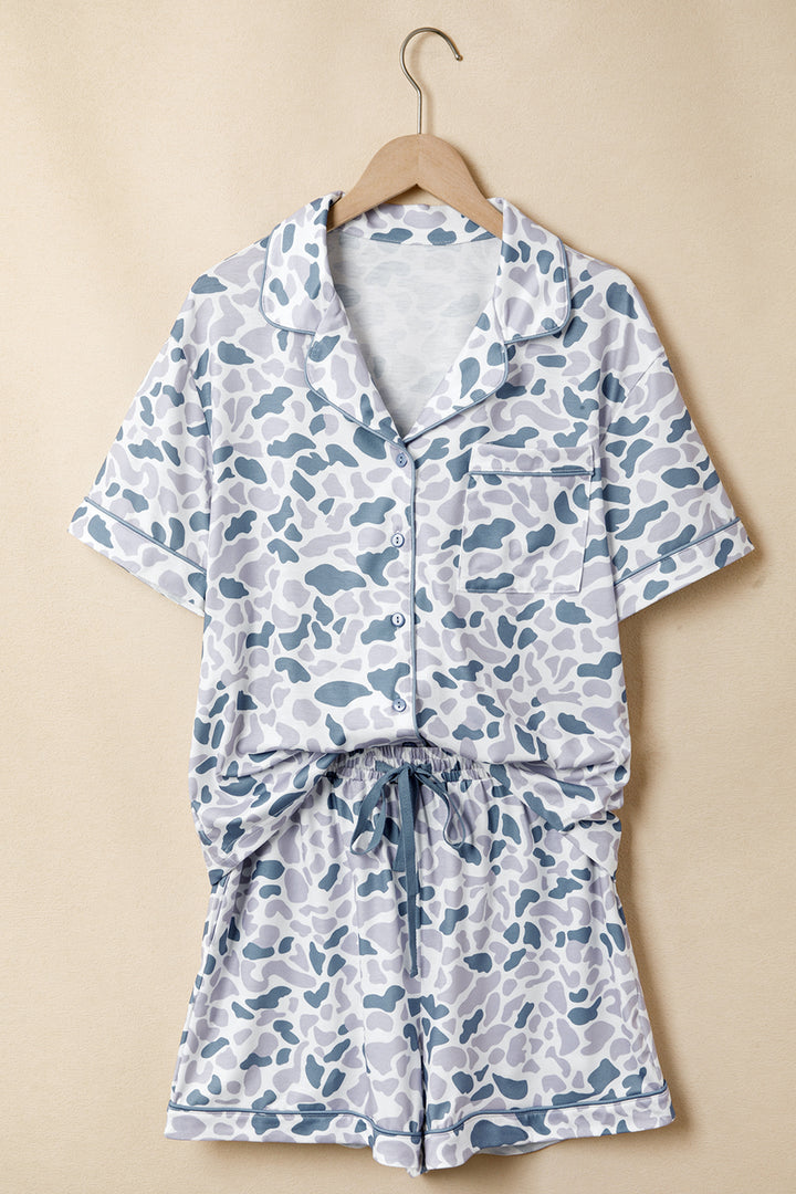 Beige Polka Dot Print Lapel Shirt Drawstring 2pcs Short Pajama Set