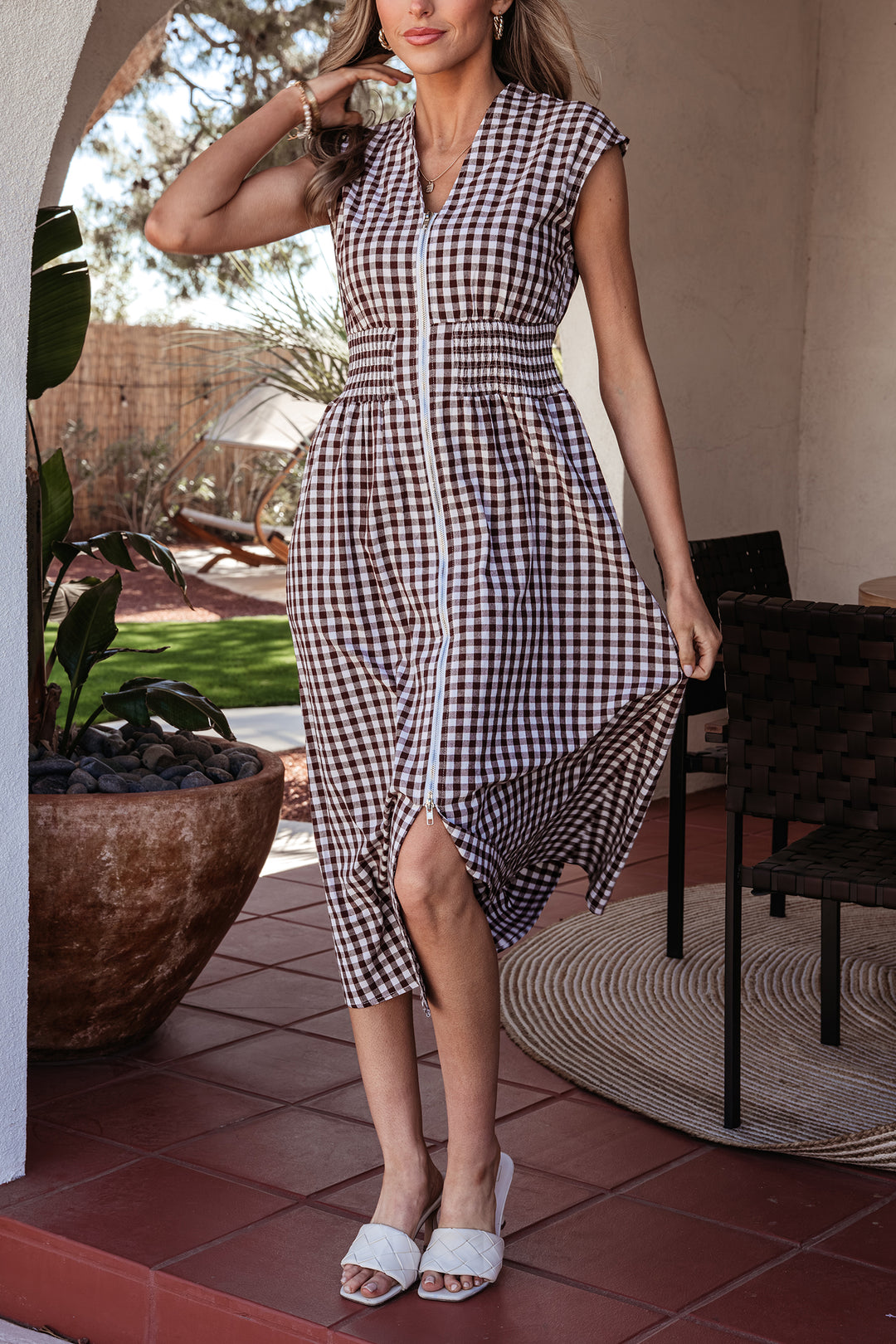 Coffee Plaid Print Full Zipper Cinched Waist Fit Flare Sleeveless Maxi Dress