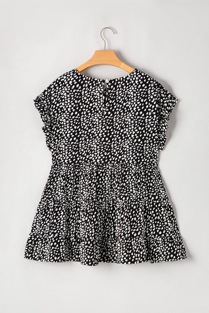 Black Leopard Print Ruffled Short Sleeve Keyhole Back Tiered Flowy Plus Size Blouse