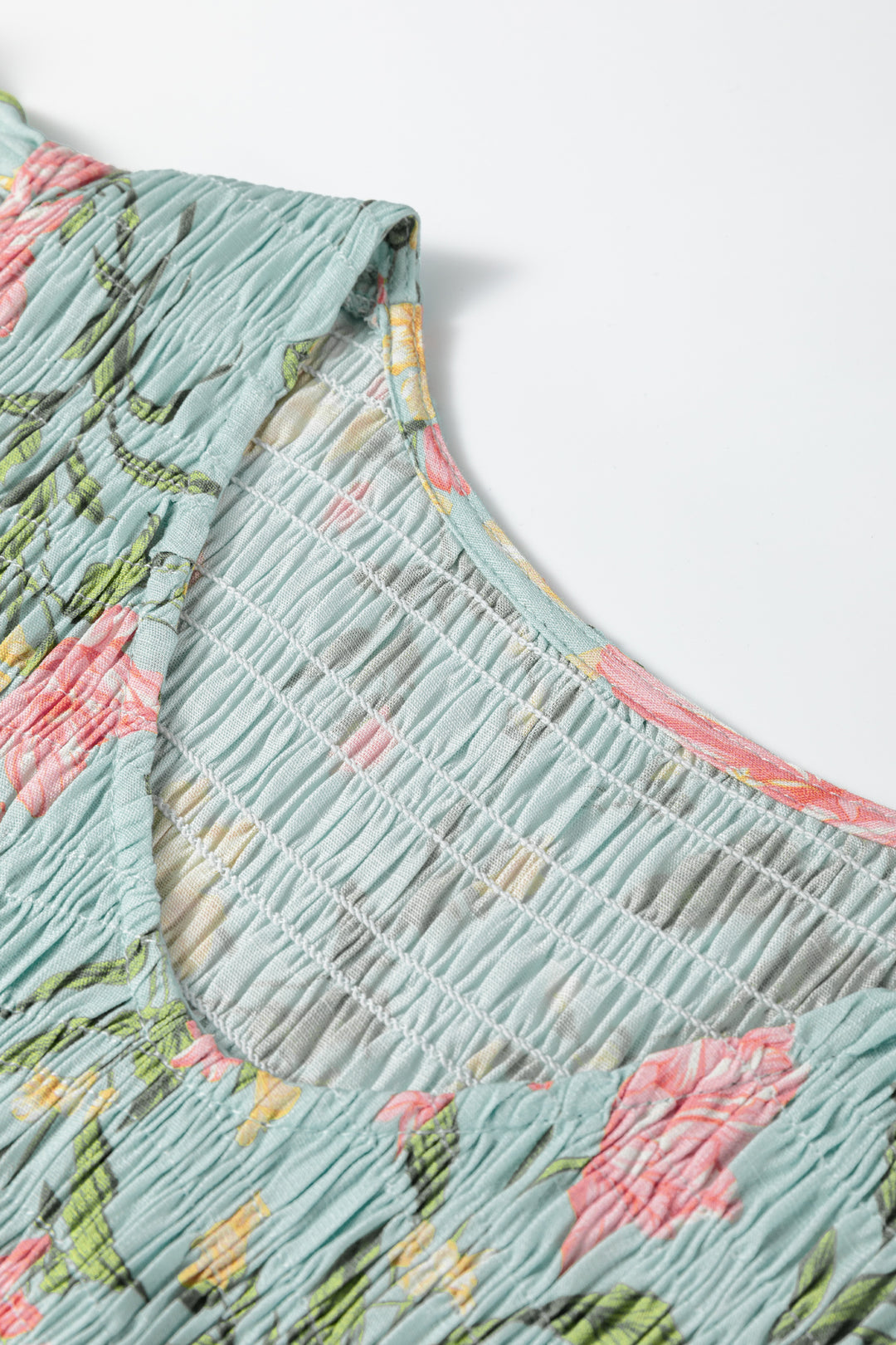 Yellow Smocked Bodice Ruffled Sleeveless Tiered Floral Maxi Dress