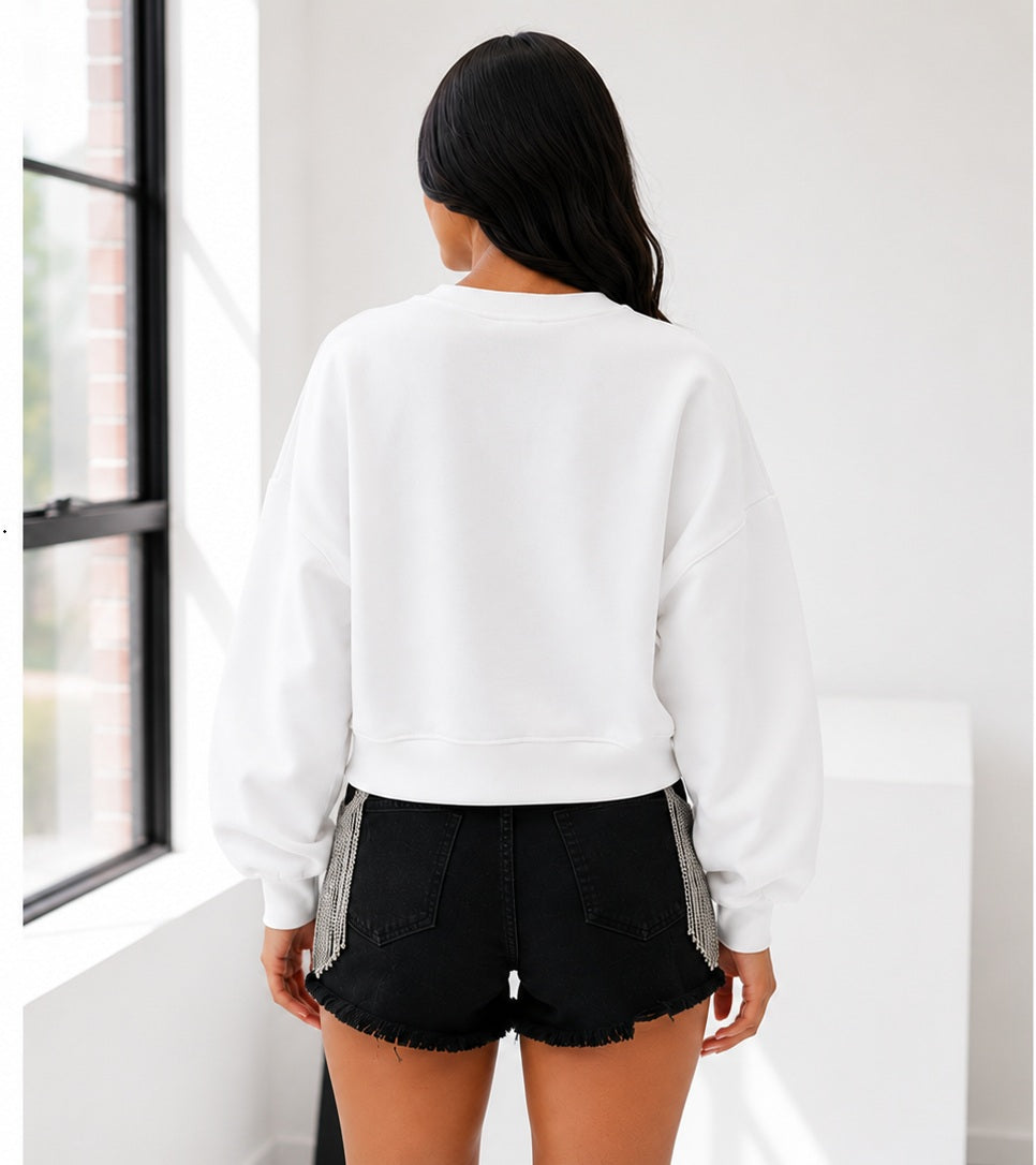 White CLASSY UNTIL KICKOFF Plush Letter Patched Loose Sweatshirt