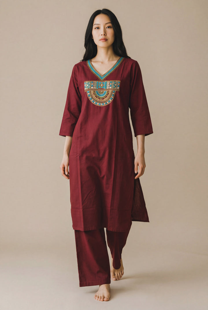 Mustard Embroidered Straight Kurta Set with Pants