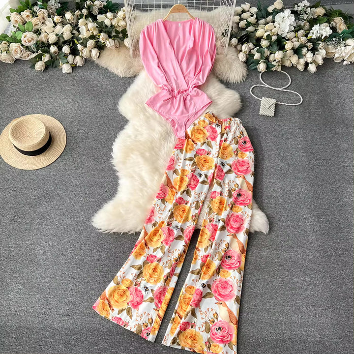 Baby Pink  Body Suit and High Waist Floral Pants Co-ord Set | Women