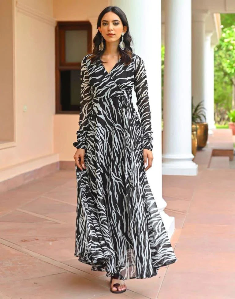 Black White Printed Georgette Ethnic Dress | Women