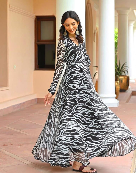 Black White Printed Georgette Ethnic Dress | Women