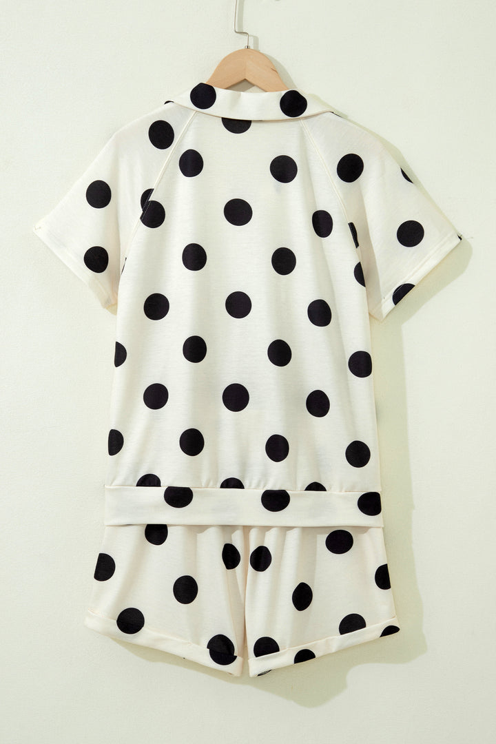 Pink Polka Dot Print V Neck Tee Short Set