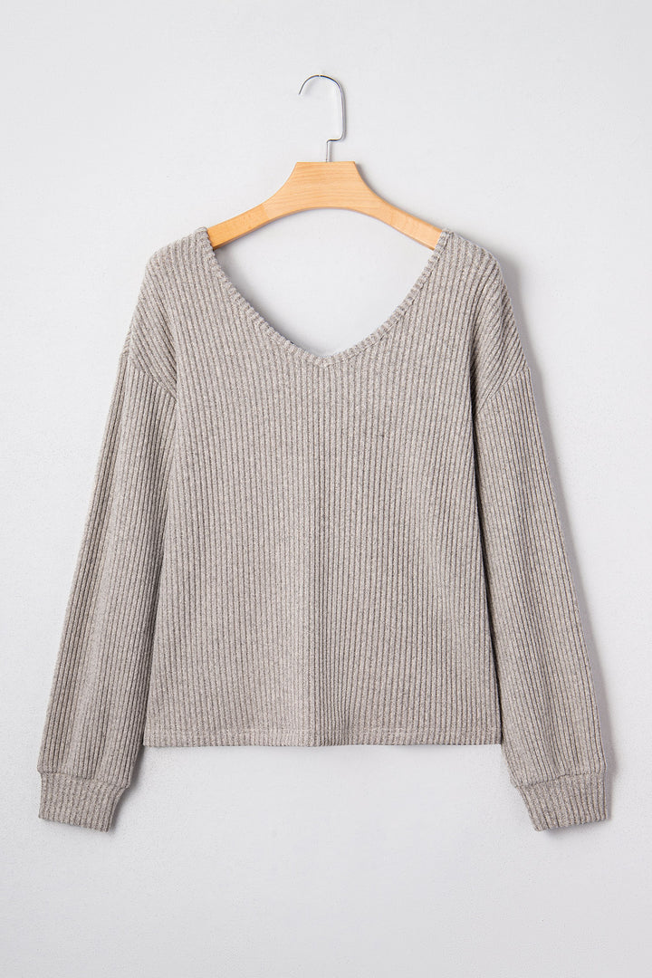 Simply Taupe Ribbed V Neck Contrast Ribbon Bow Back Drop Shoulder Long Sleeve Top