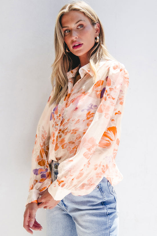 White Floral Print Collared Balloon Sleeve Loose Shirt | Women