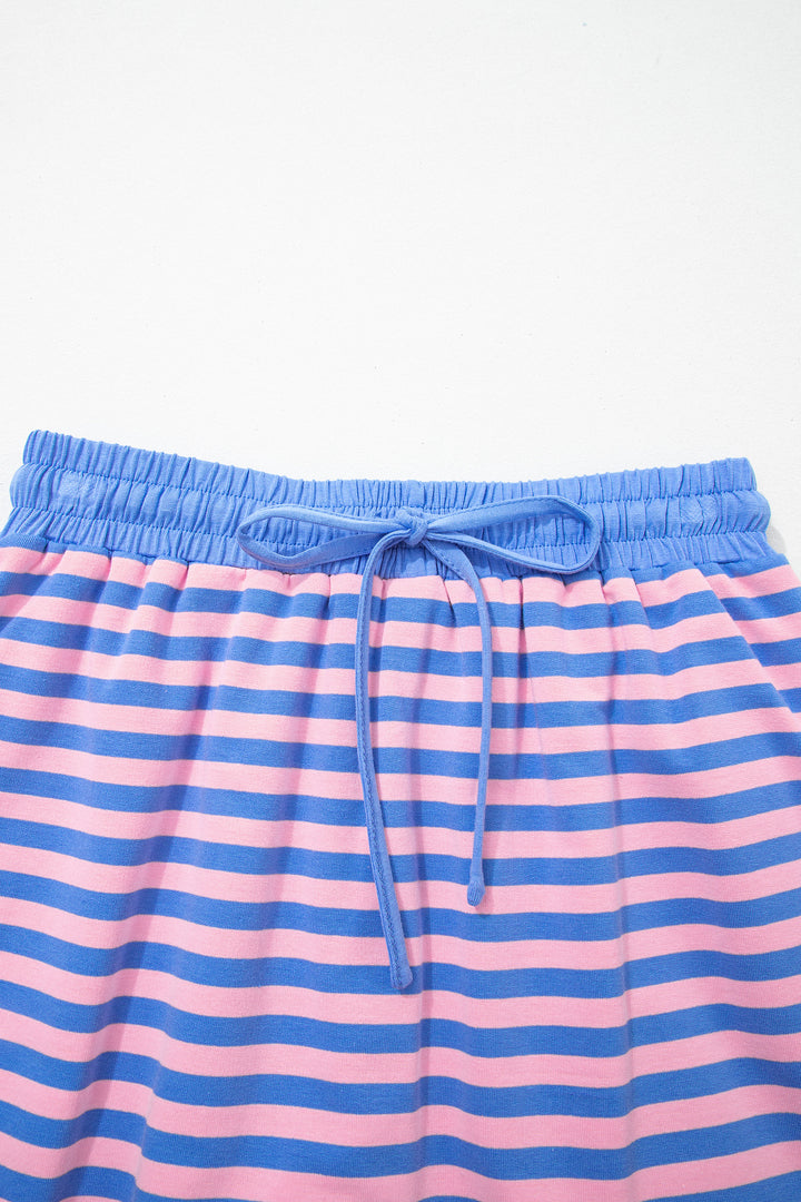 Pink Stripe Relaxed Short Sleeve Top Elastic Waist Drawstring Skort 2pcs Set