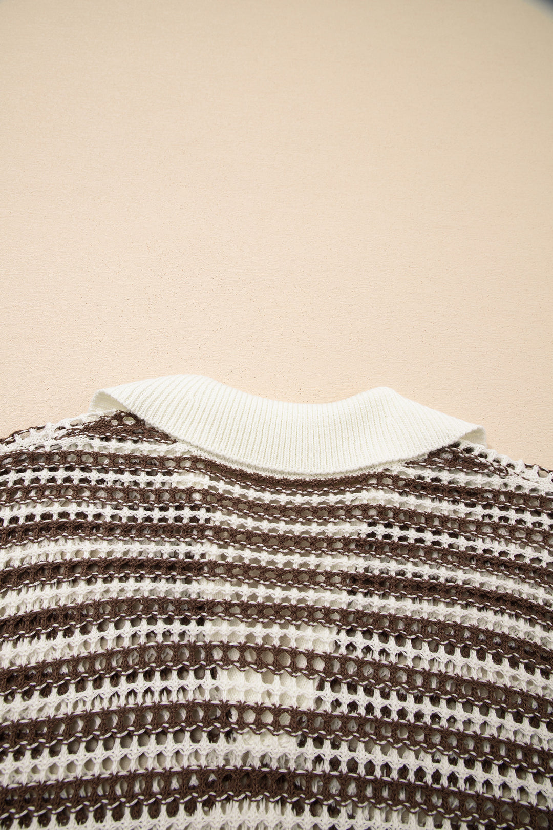 Brown Stripe Eyelet Hollow-out Contrast Collared Pullover Chic Sweater