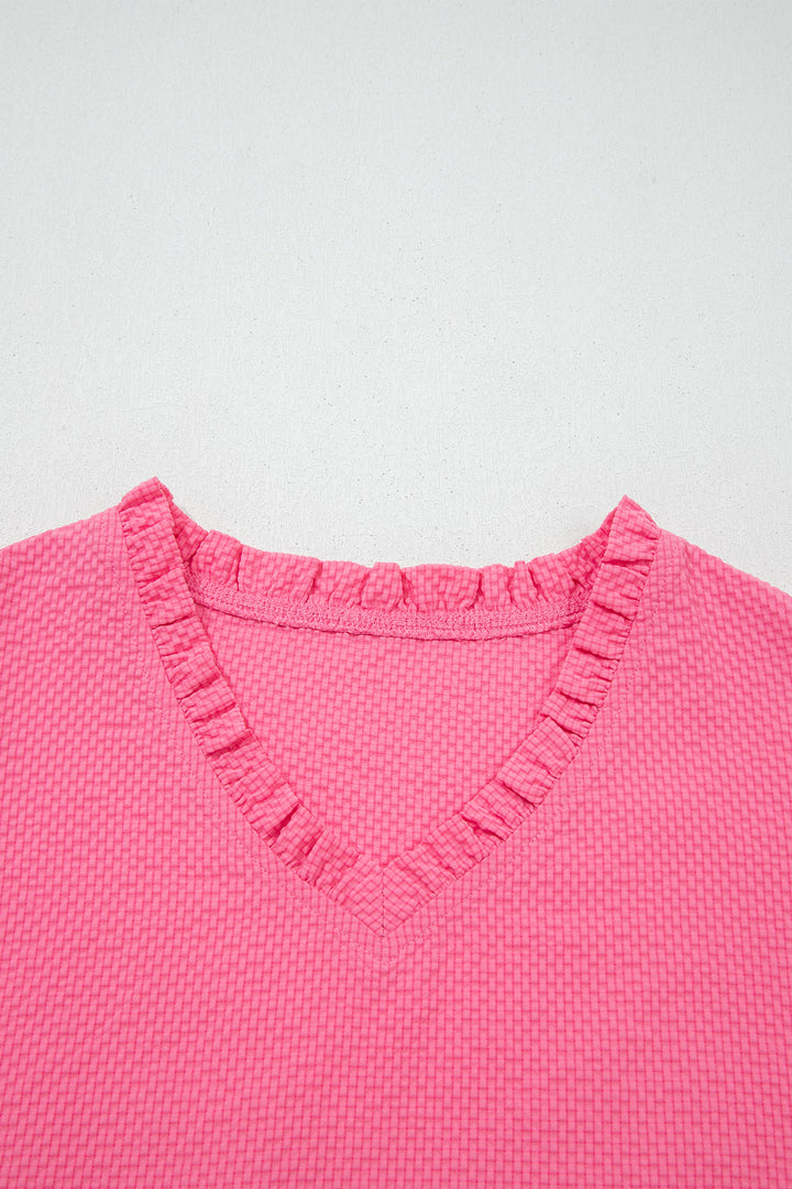 Sachet Pink Frilled V Neck Flower Embroidered Puff Sleeve Textured Blouse