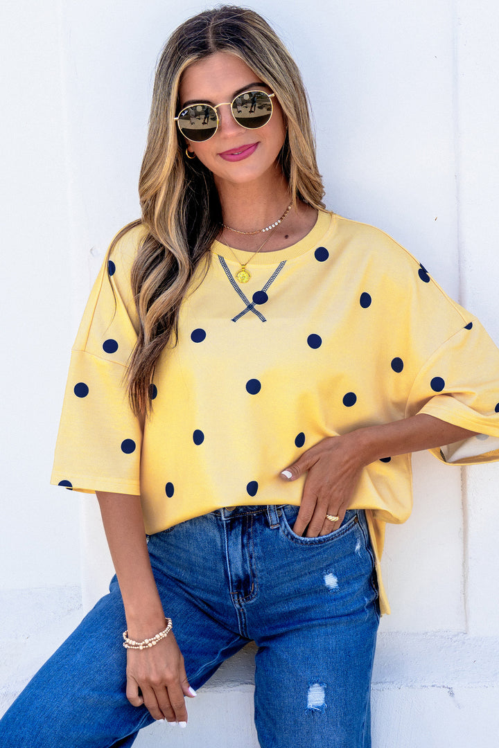 Yellow Polka Dot Print Crossed Seam Detail Oversize Tee