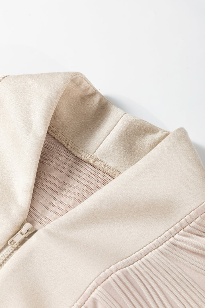 Parchment Solid Color Textured Zip V Neck Pullover Sweatshirt