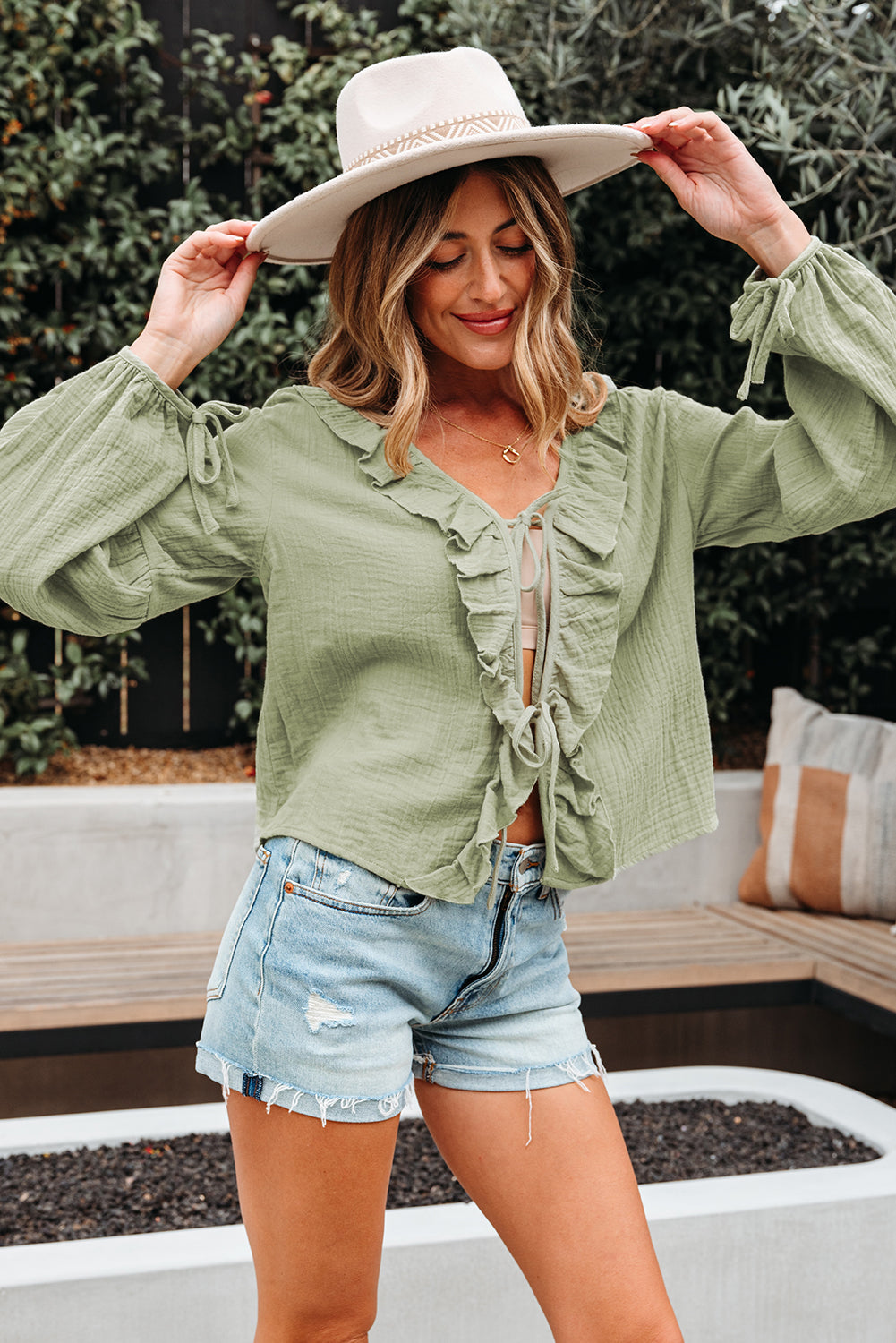 Meadow Mist Green Bow Tie Front Ruffle Trim V Neck Long Sleeve Gauze 100% Cotton Blouse