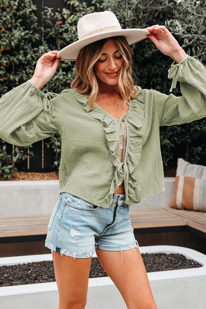 Meadow Mist Green Bow Tie Front Ruffle Trim V Neck Long Sleeve Gauze 100% Cotton Blouse