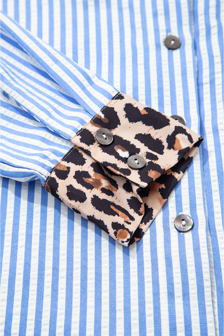 Sky Blue Striped Leopard Print Patchwork Button Up Womens Shirt
