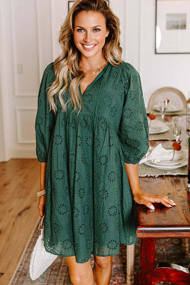 Blackish Green Embroidered Eyelet Pattern 3/4 Puffy Sleeve Swing Mini Dress