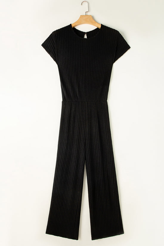 Black Solid Color Ribbed Short Sleeve Wide Leg Jumpsuit | Women