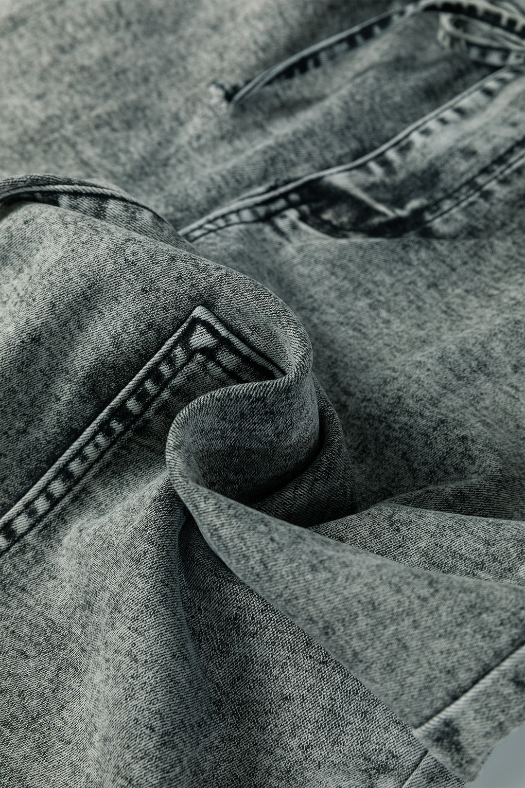 Gray Acid Wash Barrel Fit Denim Pants with Waist String