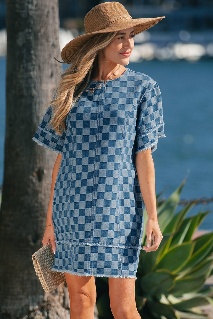 Sky Blue Frayed Hem Checkered Denim Mini Dress