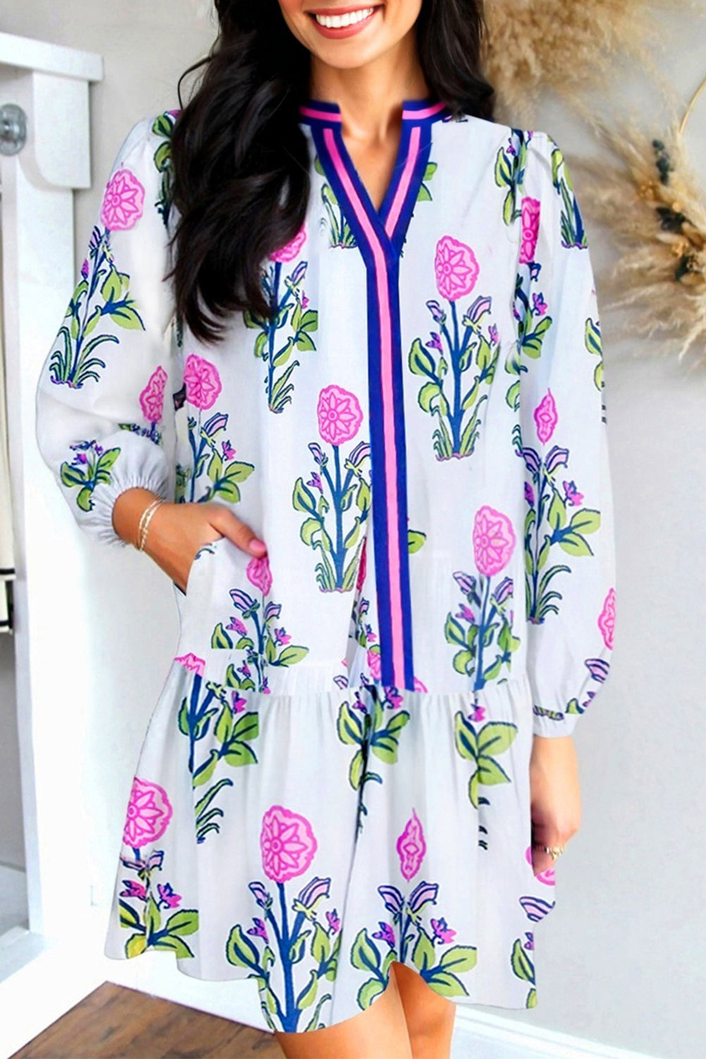 Sky Blue Floral Print Contrast Striped Trim Notched Neck Long Sleeve Dress