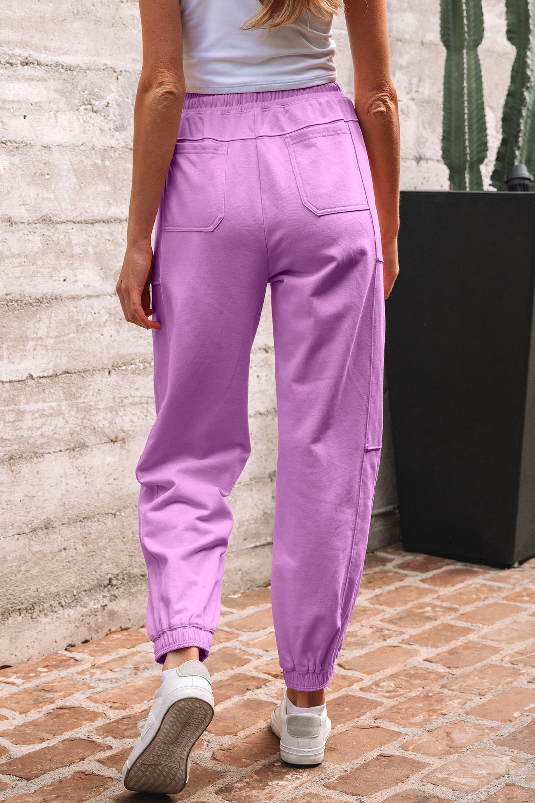 Lilac Drawstring Elastic Waistband Solid Color Jogger Pants